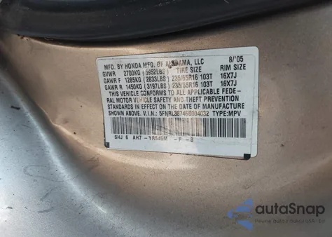 2006 Honda Odyssey Ex-L из США, поврежденный, VIN 5FNRL38746B004032